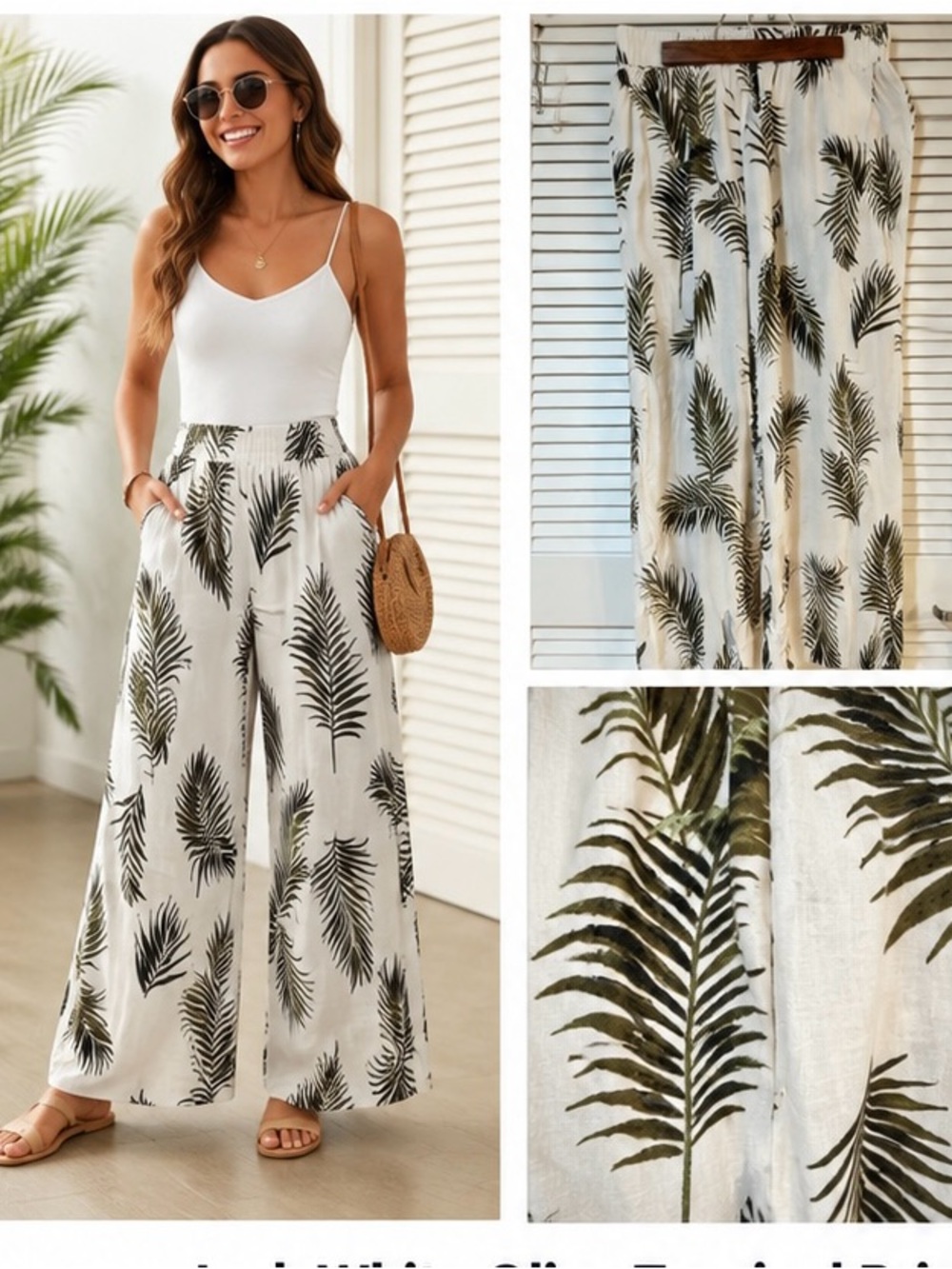 Panama Jack White Wide-Leg Palm Print Pants